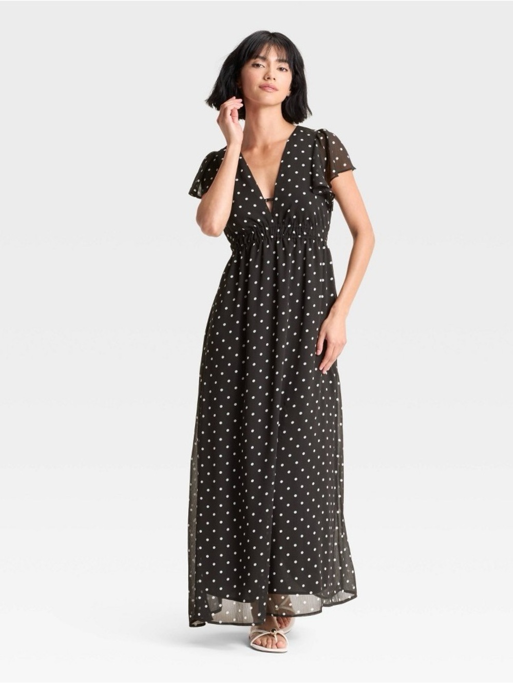 a new day Black Polka Dot V-Neck Flutter Sleeve Maxi Dress b215